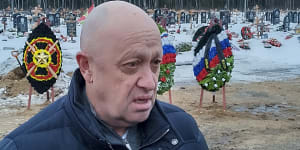 Wagner Group head Yevgeny Prigozhin at the funeral for one of his fighters who died fighting for Russia in Ukraine.