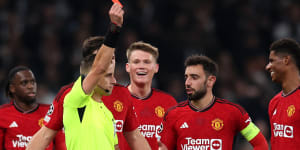 Marcus Rashford (far right) was sent off late in the first half for Manchester United.