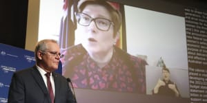 Prime Minister Scott Morrison and Minister for Women Marise Payne on the screen,during the National Summit on Women’s Safety.