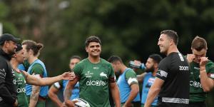 Latrell Mitchell and Sam Burgess at training during a happier time early in the season last year.