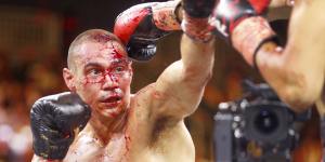 Bloody mess:Tim Tszyu (left) in the third round of his bout against Sebastian Fundora in Las Vegas.