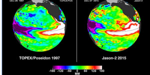 Two big El Ninos,forming in 1997 and 2015 in the Pacific. The climate patterns swing between periods of lower activity to more active ones,with global consequences.