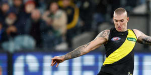 Man on the move:Dustin Martin has been spending more time further afield,and the Tigers have prospered.