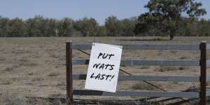 A sign near Walgett asking voters to put the National Party last.