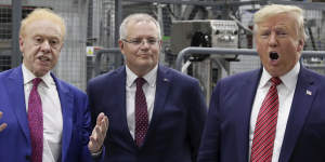 Businessman Anthony Pratt,Prime Minister Scott Morrison and US President Donald Trump during the official opening of Pratt's Wapakoneta recycling and paper plant. 