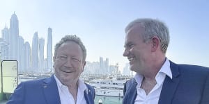 Andrew Forrest and CEO of Fortescue Future Industries Mark Hutchinson on board the Green Pioneer,which is berthed in Dubai on the sidelines of the COP28 climate talks.