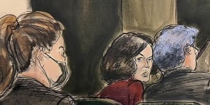 In this courtroom sketch,Ghislaine Maxwell center,confers with her defense attorney Jeffrey Pagliuca.