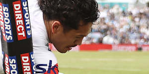 Dallin Watene-Zelezniak scores his third try against the Sharks.