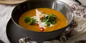 Roast pumpkin soup with Thai flavours and young coconut.