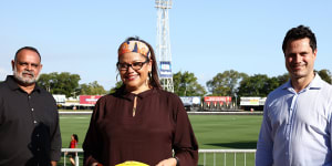 Michael Long,AFL inclusion and social policy boss Tanya Hosch,and Gavin Wanganeen in Darwin last year. 