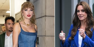 Taylor Swift at the VMAs in a denim dress with bold red lip and Princess Catherine in her preferred skinny jeans.
