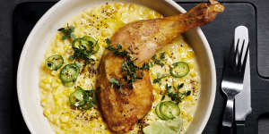 Green chilli chicken with cheesy creamed corn. 