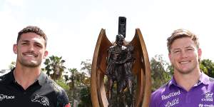 Nathan Cleary and Harry Grant pose with the Provan-Summons Trophy.