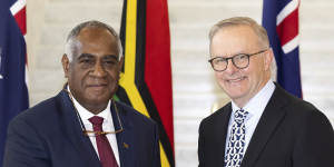 Vanuatu Prime Minister Ishmael Kalsakau is welcomed to Parliament House in Canberra by Prime Minister Anthony Albanese on Wednesday.
