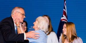Prime Minister Scott Morrison greeting his mother,wife and daughters after his speech. 
