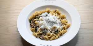 Deftly seasoned campanelle pasta in a white ragu with pork and fennel sausage.