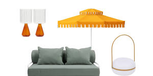 Wine glasses;“Rowe” sofa;“Golden Hour” umbrella;“Tea” lamp.