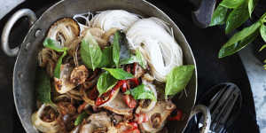 Neil Perry's wok-fried duck with coconut milk,Thai basil and vermicelli noodles.