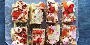 Delightful:White chocolate rocky road dotted with petals and pink peppercorns.