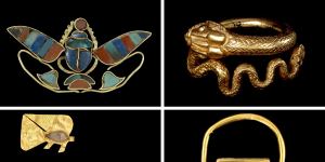 Jewellery from the exhibition,clockwise from top left:Ornament of a winged scarab holding a sun-disc;ring in the shape of a snake;ring showing Thutmose III as a sphinx trampling over an enemy;and amulets in the shape of a fish.