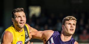 Eyes on the prize:Tigers Toby Nankervis (left) and Sean Darcy compete in a ruck contest.