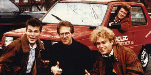 Frederic Hauge (right) with synth-pop band A-ha and the converted Fiat Panda.