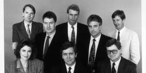 The Four Corners team in 1991. Back row:Mark Colvin,Ross Coulthart and Paul Barry. Centre:David Marr,Neil Mercer. Front:Deborah Snow,Andrew Olle and Chris Masters.