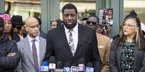 Flanked by family members,lawyers and supporters,Dexter Reed’s father,Dexter Reed snr,speaks to reporters outside the headquarters for the Civilian Office of Police Accountability in West Town,Chicago.