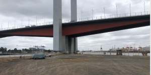 The current view of Bolte Bridge view from North Wharf. This area would become parkland under the “Greenline” plan.