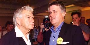 Yes campaign leader Malcolm Turnbull with Bob Hawke on the night of the 1999 republic referendum.