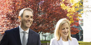 Treasurer Jim Chalmers and Finance Minister Katy Gallagher on budget day in May. The government could deliver the largest surplus in history.