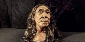 The recreated head of Shanidar Z,based on 3D scans of the reconstructed skull,made by the Kennis brothers for the Netflix documentary Secrets of the Neanderthals.
