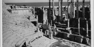 The theatre,stage and auditorium of Leptis Magna,a Roman city in Libya,in 1967.