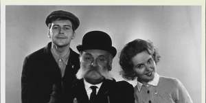 The Glums - Television comedy. l to r:Ian Lavender as Ron,Jimmy Edwards as Mr Glum,Patricia Brake as Eth,1982.