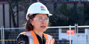 Premier Gladys Berejiklian inspecting the light rail construction which has closed off traffic in George Street.