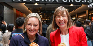 Transport Minister Jo Haylen and Member for Coogee Marjorie O’Neill,left,get a banh mi at North Sydney.