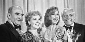 Ted Baxter was the role of a lifetime for Ted Knight (right),pictured with his Mary Tyler Moore Show castmates Ed Asner,Betty White and Mary Tyler Moore.