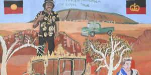 Detail of Vincent Namatjira’s The Royal Tour (Vincent and Elizabeth on Country),2022.