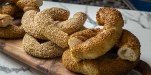 Stacks of simit,a sesame-studded bread ring that is a popular Turkish street food.