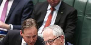 Environment Minister Greg Hunt,Prime Minister Malcolm Turnbull and Agriculture Minister Barnaby Joyce during question time on Tuesday.