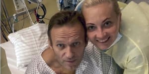 Alexei Navalny,pictured with his wife Yulia,in Berlin’s Charite hospital in 2020 recovering from poisoning.