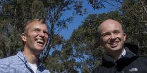 Minister for Planning and Public Spaces,Rob Stokes (left) with Minister for Energy and Environment,Matthew Kean,at St Helens Park near an area that is part of Sydney's sprawling south-western edge.