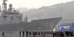 One of Taiwan’s guided-missile frigates at naval base in the northern port of Keelung,Taiwan in March.