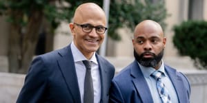 Microsoft CEO Satya Nadella (left) as he departed from court after giving his testimony against Google.
