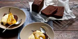 This chocolate loaf cake (rear) tastes lovely alone or with baked pears and custard.