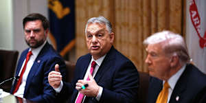 US Vice President JD Vance,from left,Viktor Orban,Hungary’s prime minister,and US President Donald Trump,during a meeting in the Cabinet Room of White House last year.