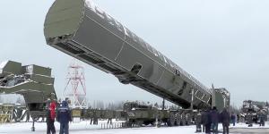 Russia’s new Sarmat intercontinental missile is shown at an undisclosed location in Russia in 2018.