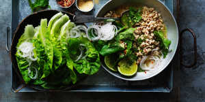 Chicken larb with roasted rice.