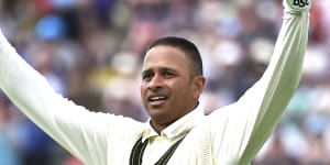Usman Khawaja celebrates his century in the first innings.