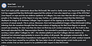 An extensive apology posted by student newspaper Honi Soit following legal letters from Bearte McDonald.